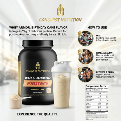 Conquest Nutrition Whey Armor Protein packaging with usage instructions and supplement facts.