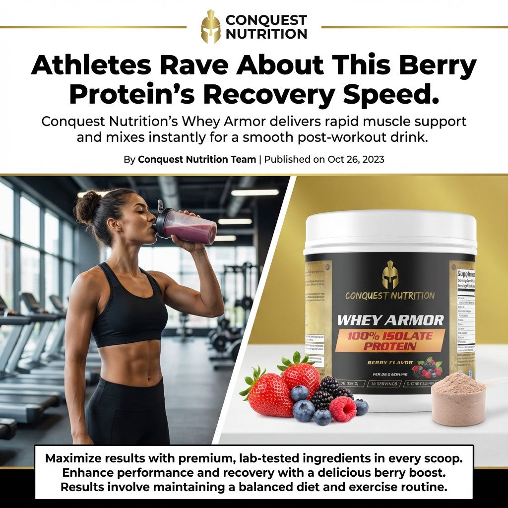 Advertisement for Conquest Nutrition Whey Armor protein with a woman drinking a protein shake in a gym.