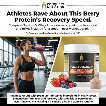 Advertisement for Conquest Nutrition Whey Armor protein with a woman drinking a protein shake in a gym.