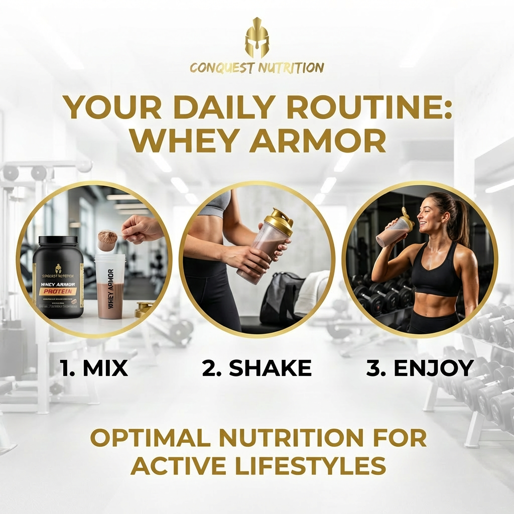 Advertisement for Conquest Nutrition's Whey Armor product with steps to use it and gym background.