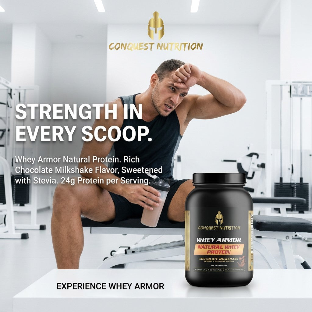 Man in gym holding a protein shake with Conquest Nutrition whey protein supplement in foreground