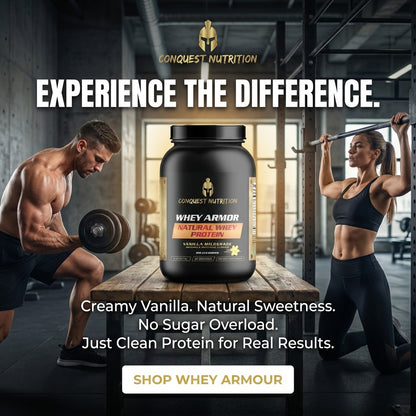 Conquest Nutrition Whey Armor protein supplement with two people lifting weights in a gym setting.