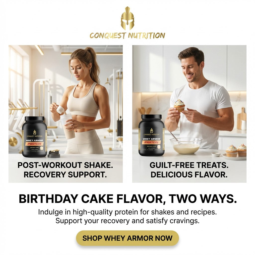 Advertisement for Conquest Nutrition protein powder with two images: a woman and a man with the product.