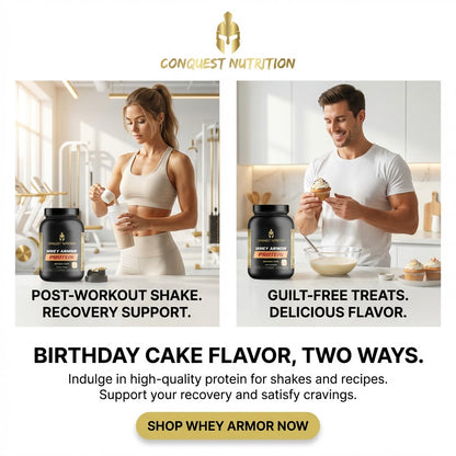 Advertisement for Conquest Nutrition protein powder with two images: a woman and a man with the product.