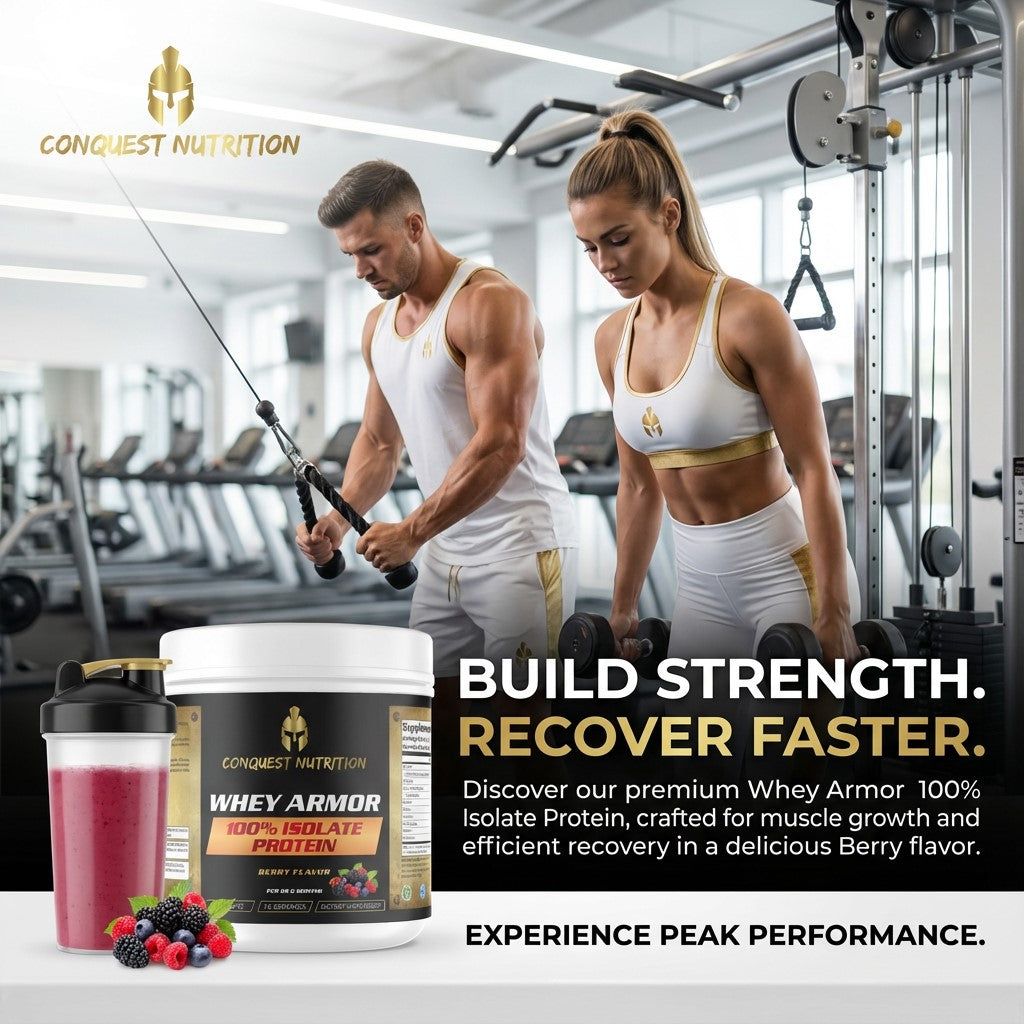 Two people working out in a gym with Conquest Nutrition whey protein and berry smoothie in the foreground.
