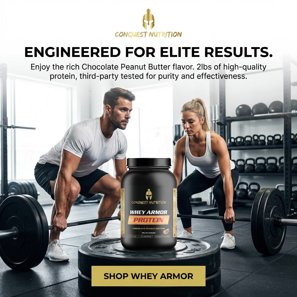 Whey armor protein supplement with a man and woman lifting weights in a gym setting.
