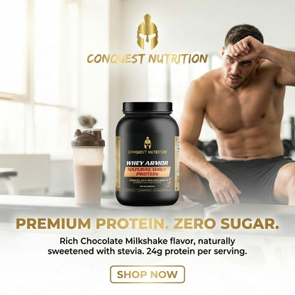 Conquest Nutrition whey protein supplement with a man sitting on a couch in the background.