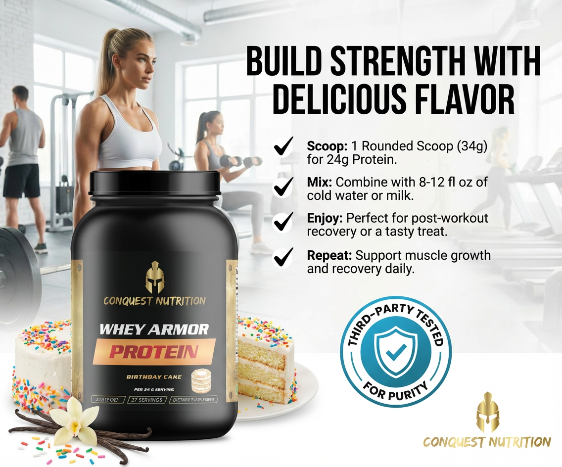 Protein powder container with a woman in a gym, text about protein benefits, and a third-party testing logo.