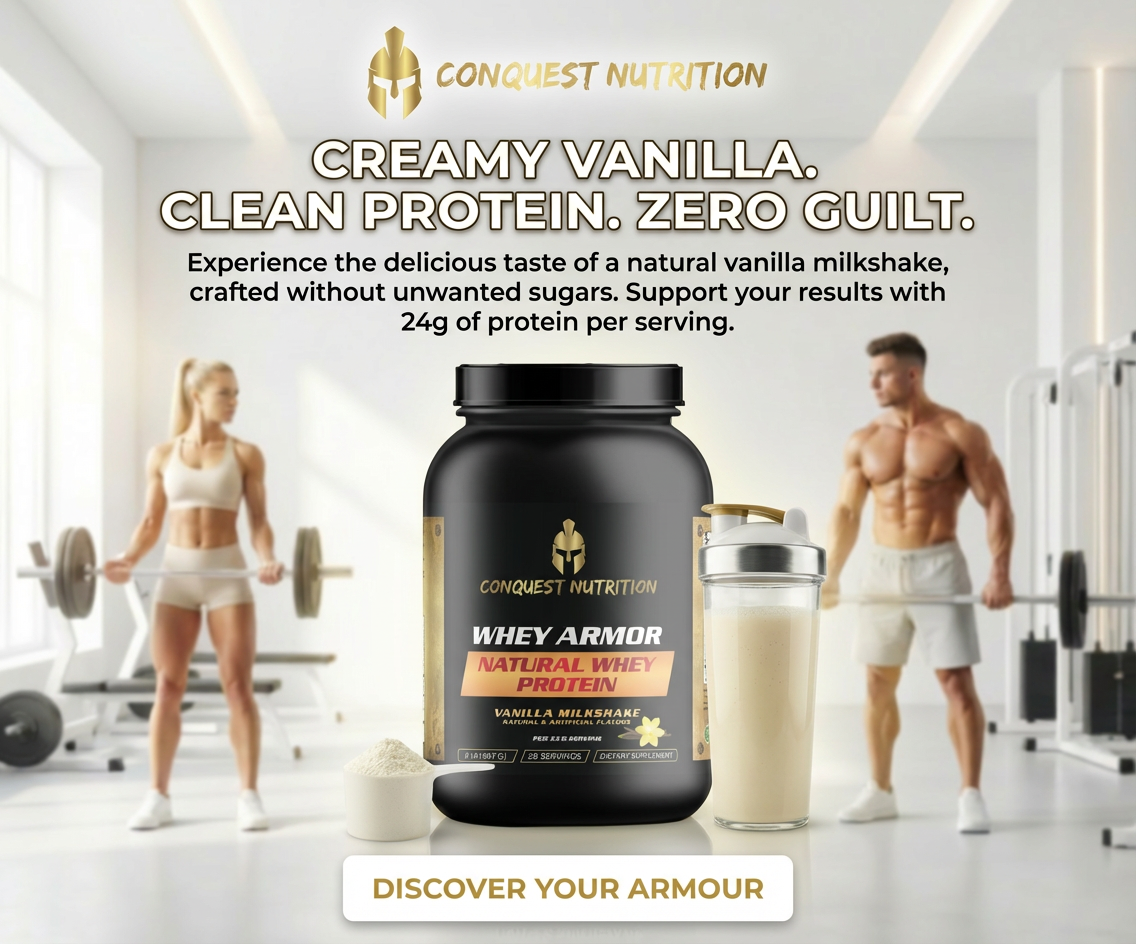 Conquest Nutrition whey protein powder with a woman and man in a gym setting.