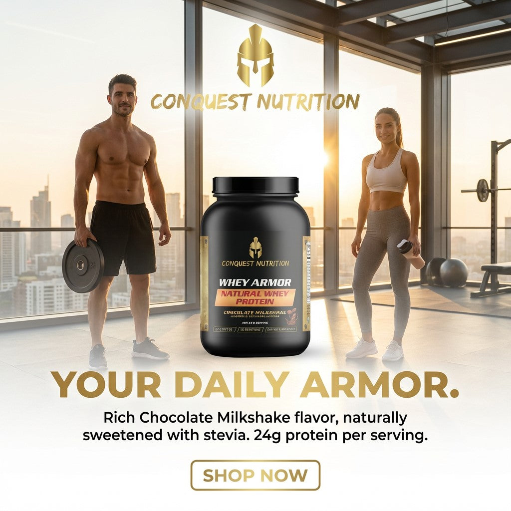 Advertisement for Conquest Nutrition Whey Armor protein powder with a man and woman in a gym setting.
