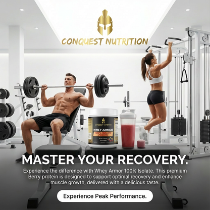 Gym setting with a man lifting weights and a woman exercising, featuring Conquest Nutrition products.