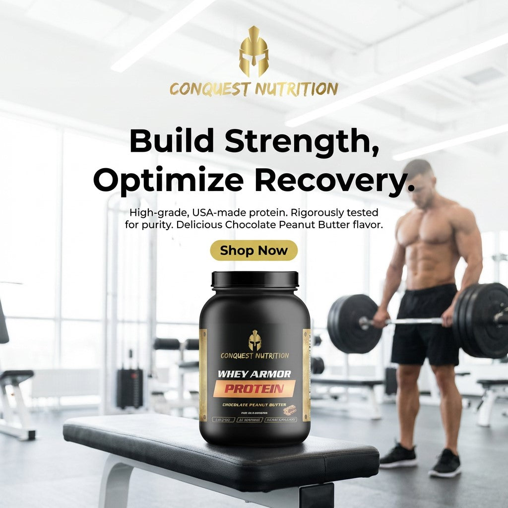 Protein supplement container with a gym setting and 'Conquest Nutrition' branding.