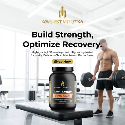 Protein supplement container with a gym setting and 'Conquest Nutrition' branding.