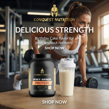 Advertisement for Conquest Nutrition protein product with a woman in a gym setting.