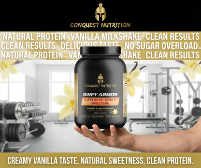 Whey protein container held by a hand with gym equipment and flowers in the background, featuring Conquest Nutrition branding.