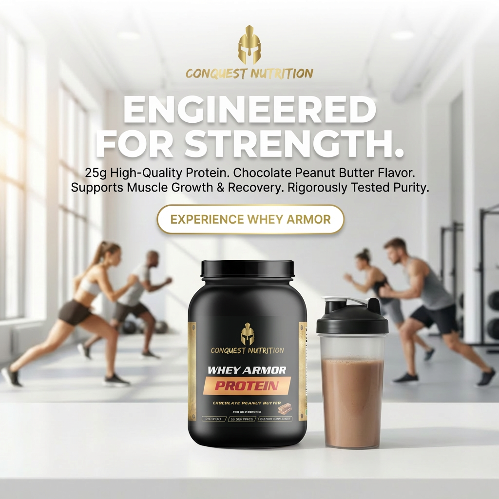 Conquest Nutrition Whey Armor Protein with a gym background