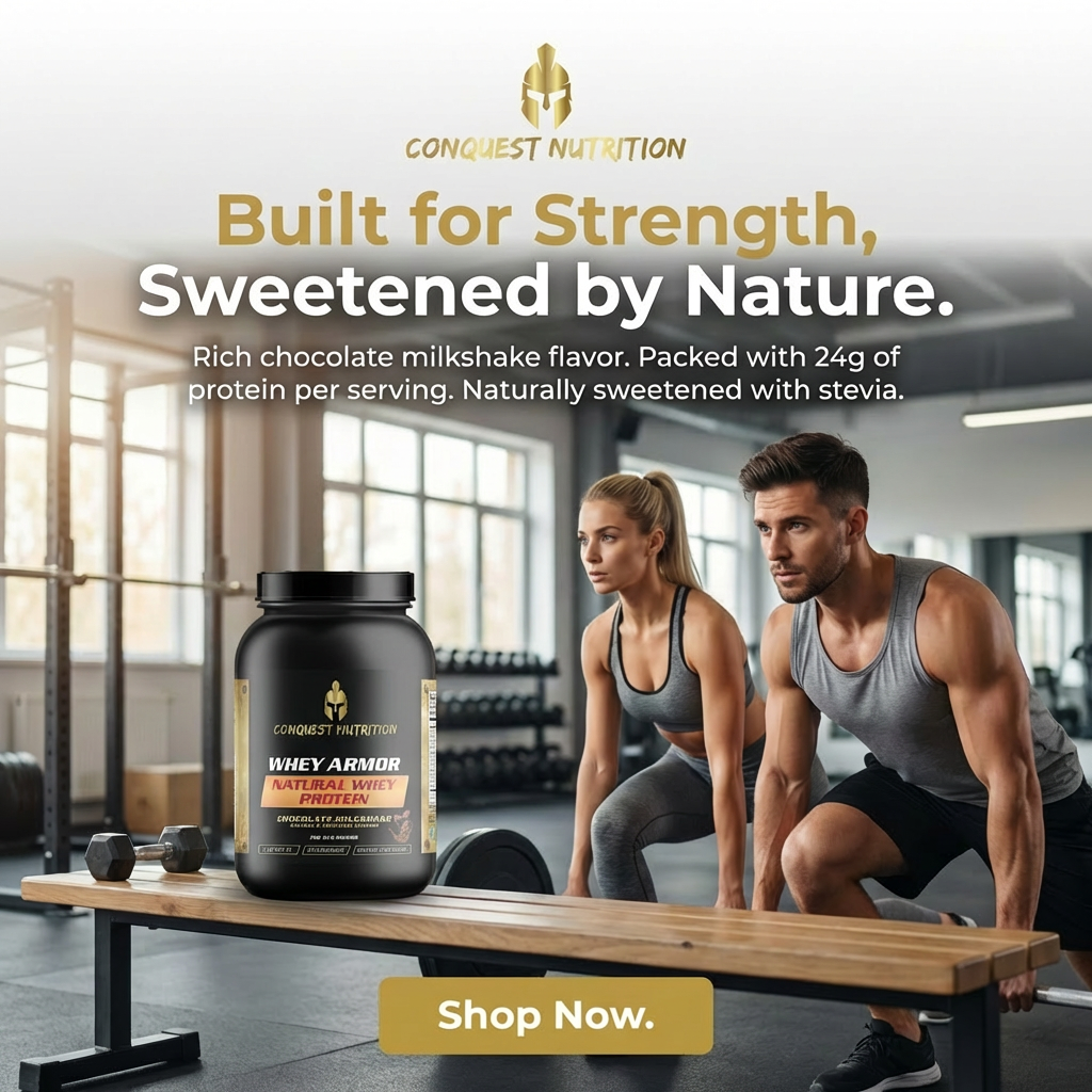 Conquest Nutrition protein powder container with a gym setting in the background