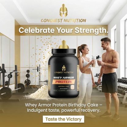 Conquest Nutrition Whey Armor Protein advertisement with a couple in a gym setting.