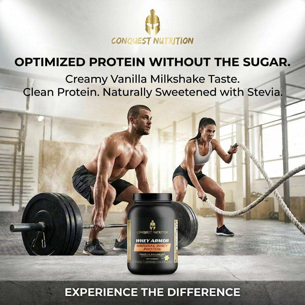Advertisement for Conquest Nutrition whey protein powder with a man and woman exercising in the background.