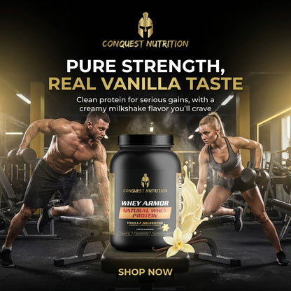 Conquest Nutrition whey protein with gym background and text about flavor and benefits