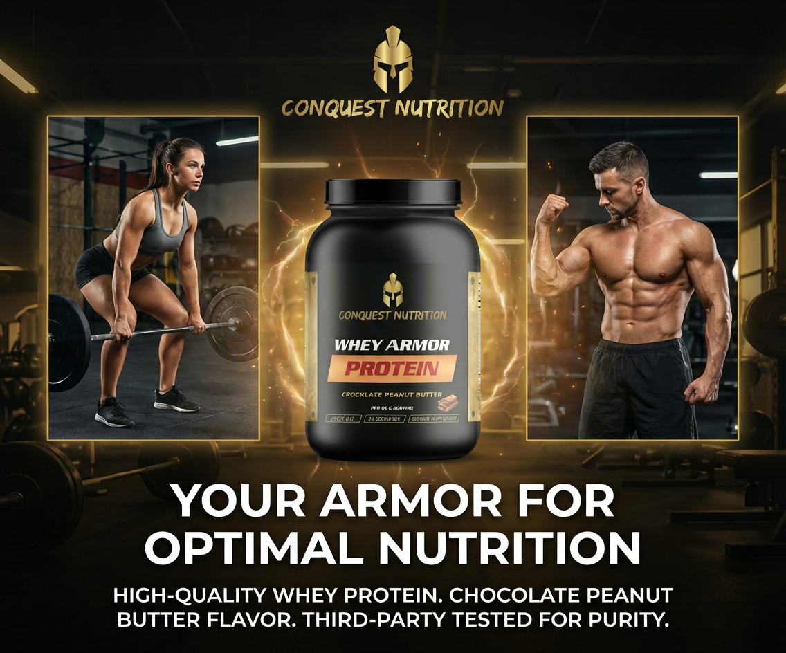 Conquest Nutrition Whey Armor Protein supplement with gym-goers and brand logo.