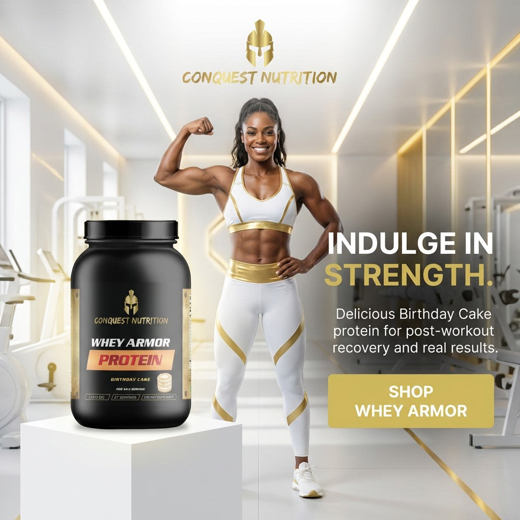 Woman flexing muscles with a Conquest Nutrition protein supplement in a gym setting