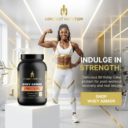 Woman flexing muscles with a Conquest Nutrition protein supplement in a gym setting