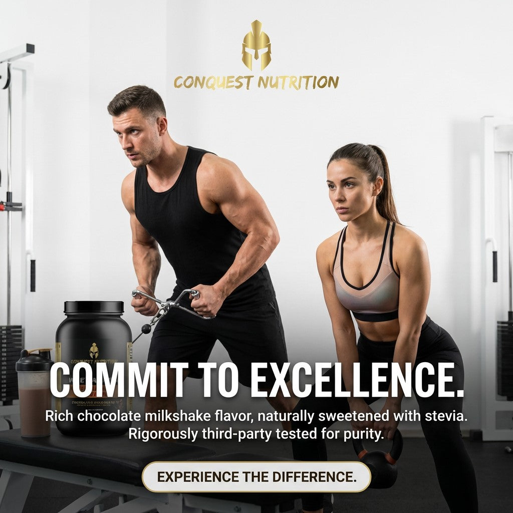 Advertisement for Conquest Nutrition with a man and woman in a gym setting.