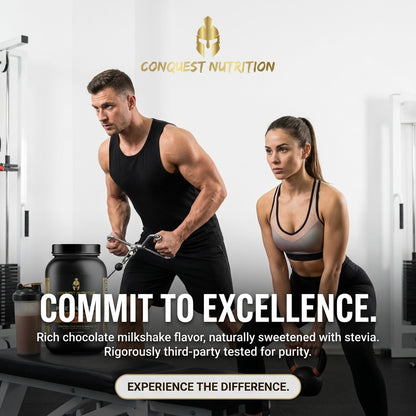 Advertisement for Conquest Nutrition with a man and woman in a gym setting.