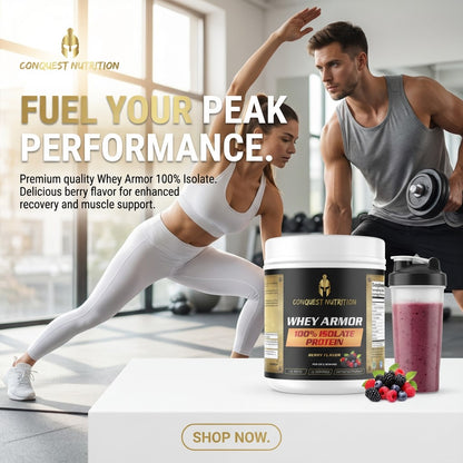 Advertisement for Conquest Nutrition Whey Armor protein with a man and woman exercising in a gym setting.