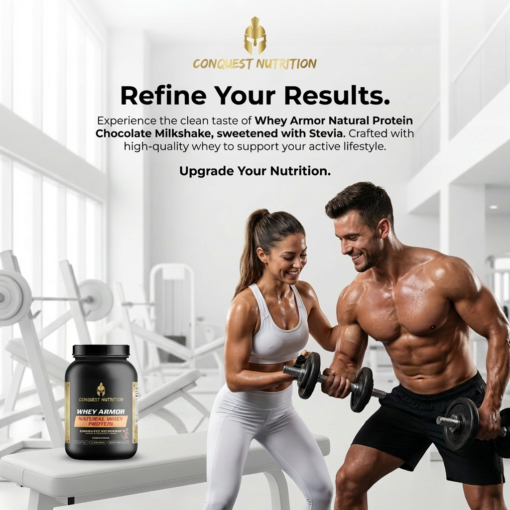 Two people exercising with a Conquest Nutrition protein supplement in the foreground.