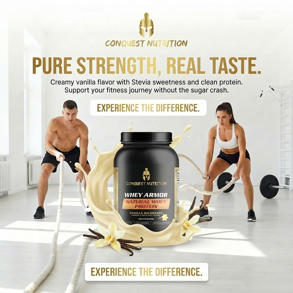 Advertisement for Conquest Nutrition whey protein with two people exercising in the background.