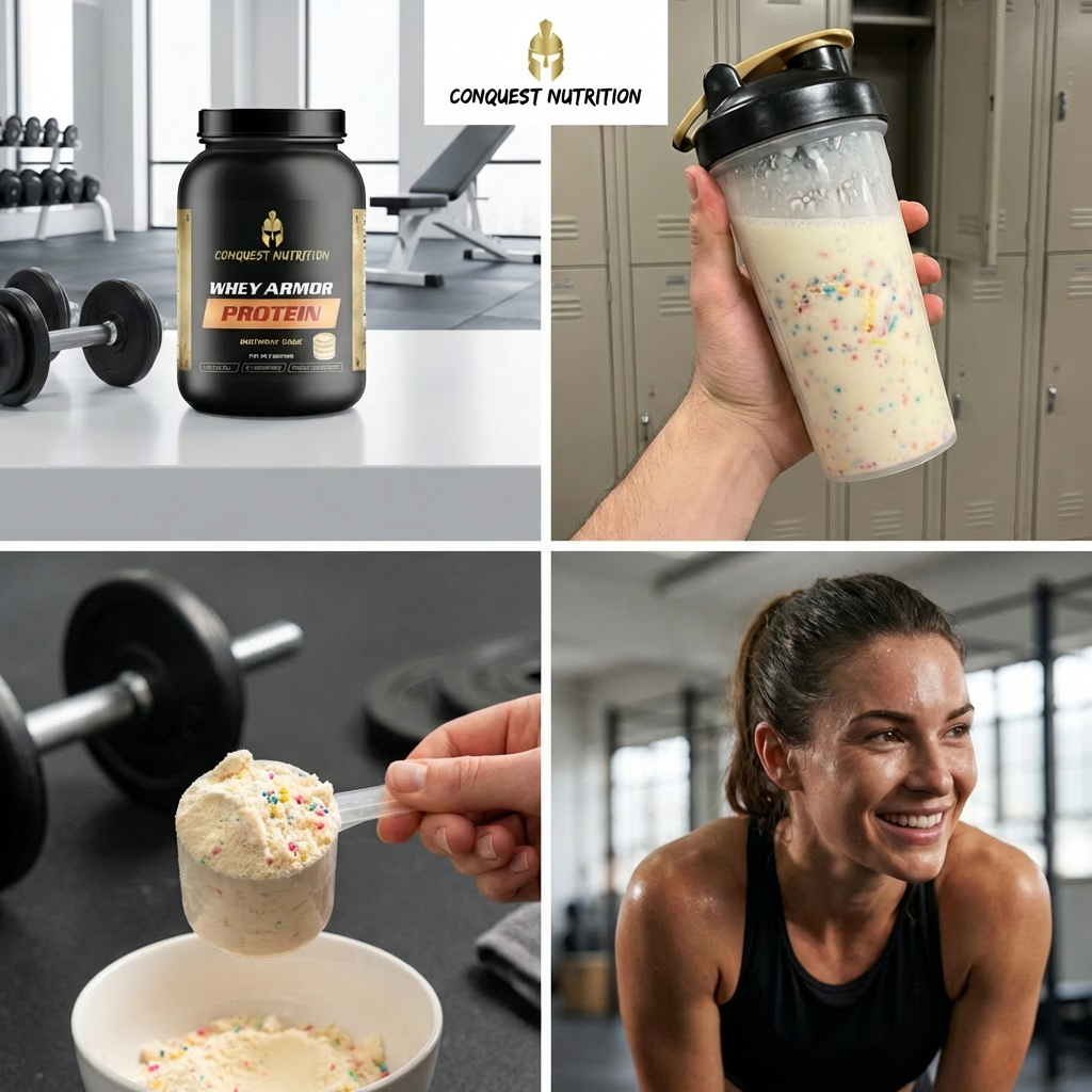 Collage of images featuring Conquest Nutrition Whey Armor Protein, a shaker cup, protein powder scoop, and a woman in a gym setting.