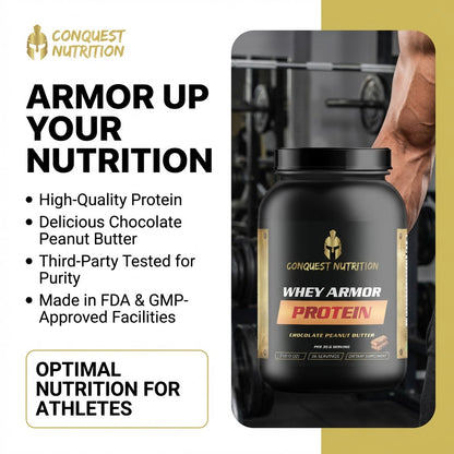 Conquest Nutrition Whey Armor Protein container with promotional text on a white background