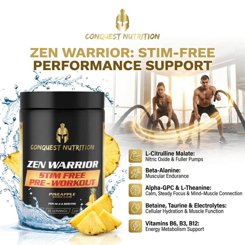 Conquest Nutrition Zen Warrior pre-workout supplement with ingredients listed on a white background