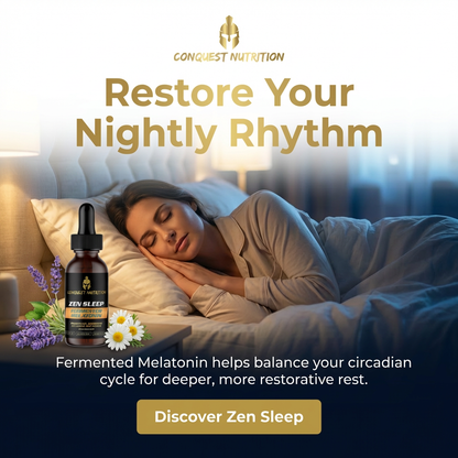 Woman sleeping in bed with a bottle of Conquest Nutrition product, text about fermented melatonin.