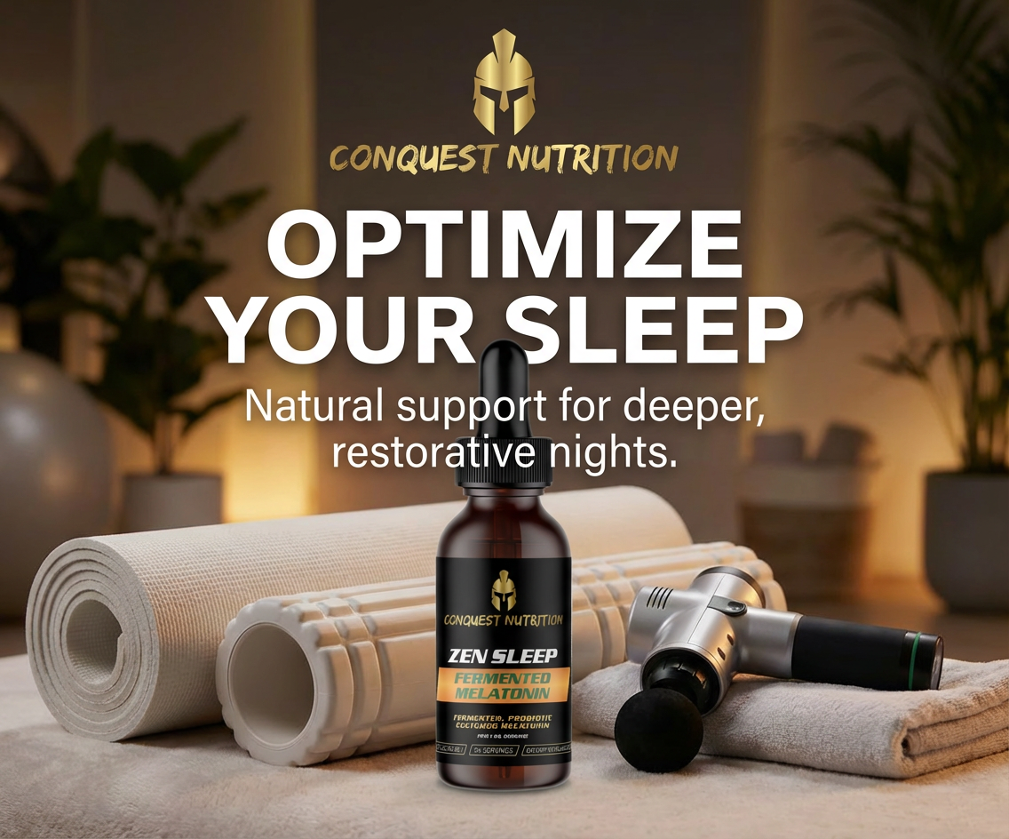 Conquest Nutrition Zen Sleep supplement bottle with yoga mat and massage tools on a blurred background