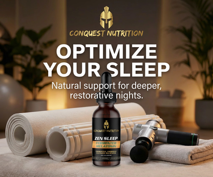 Conquest Nutrition Zen Sleep supplement bottle with yoga mat and massage tools on a blurred background