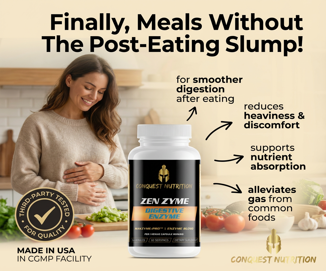 Bottle of Zen Zyme Digestive Enzyme with a woman in a kitchen, promoting meals without the post-eating slump.