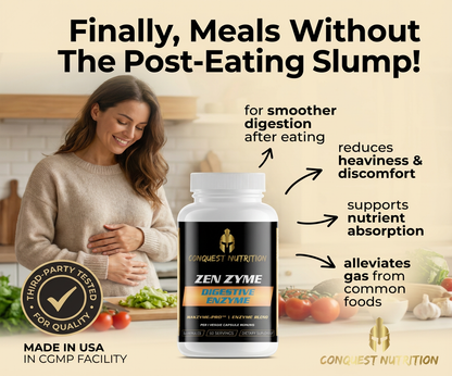 Bottle of Zen Zyme Digestive Enzyme with a woman in a kitchen, promoting meals without the post-eating slump.