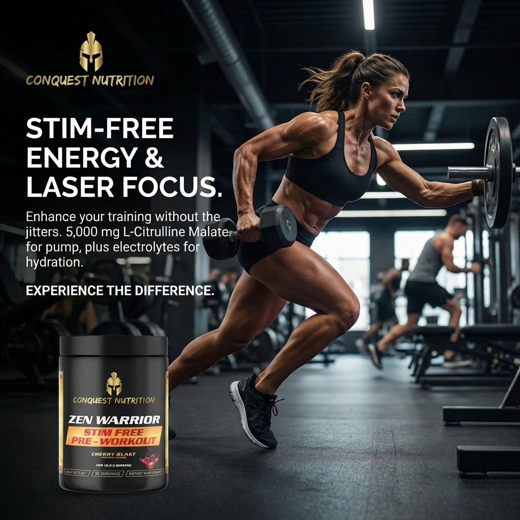 Woman lifting weights in a gym with Conquest Nutrition pre-workout supplement displayed.