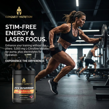 Woman lifting weights in a gym with Conquest Nutrition pre-workout supplement displayed.