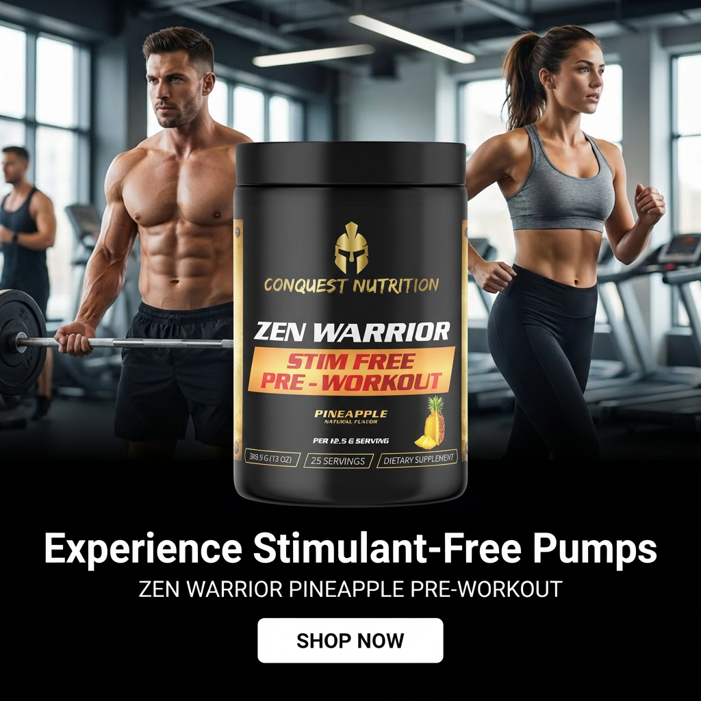Conquest Nutrition Zen Warrior pre-workout supplement with a man and woman exercising in a gym.