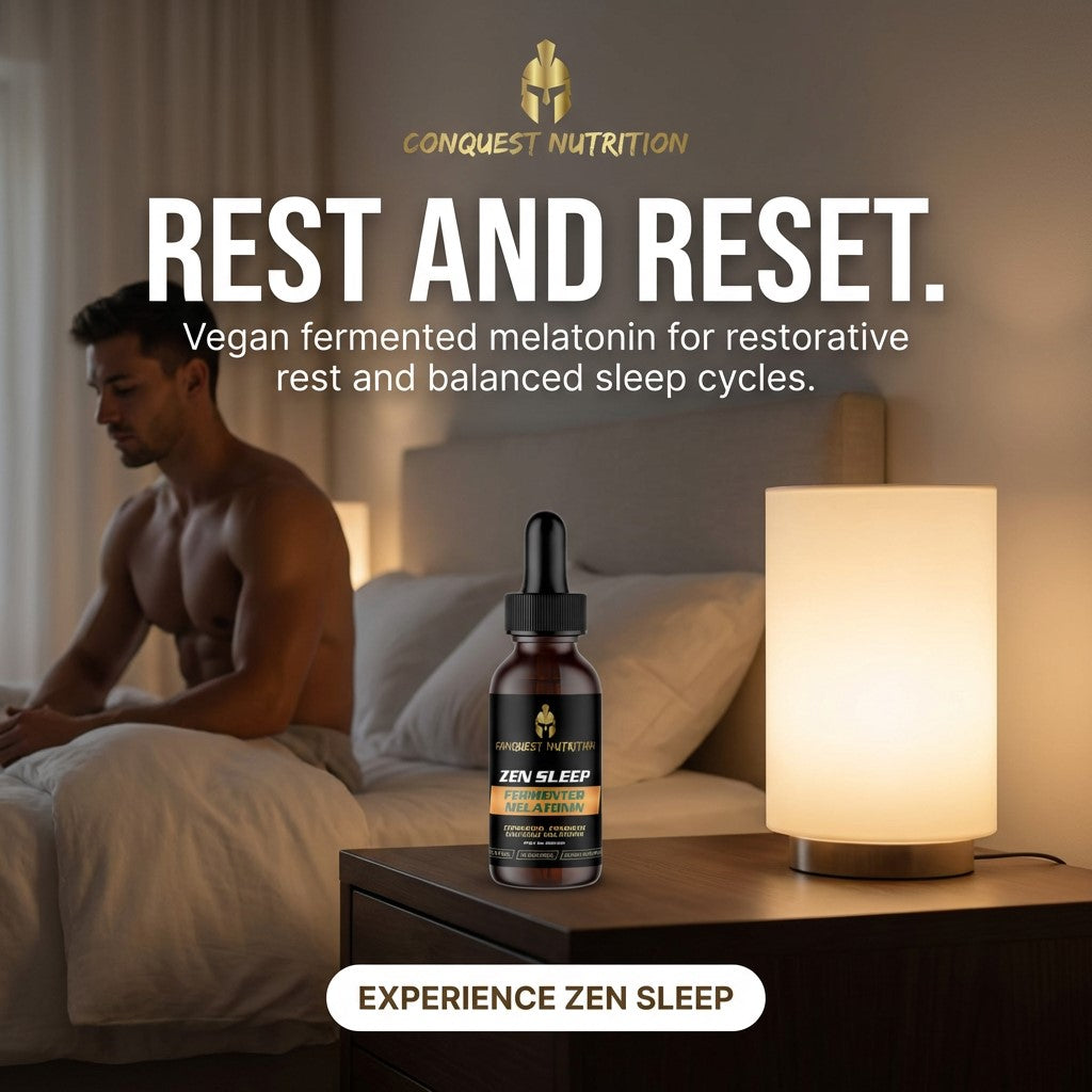 Advertisement for Conquest Nutrition's Zen Sleep supplement with a man sitting on a bed.