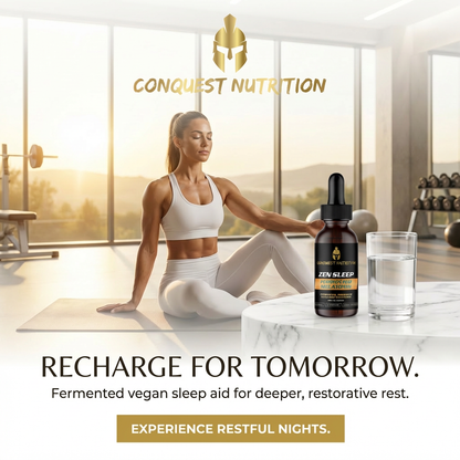 Woman in a gym setting with a bottle of Conquest Nutrition sleep aid and water.