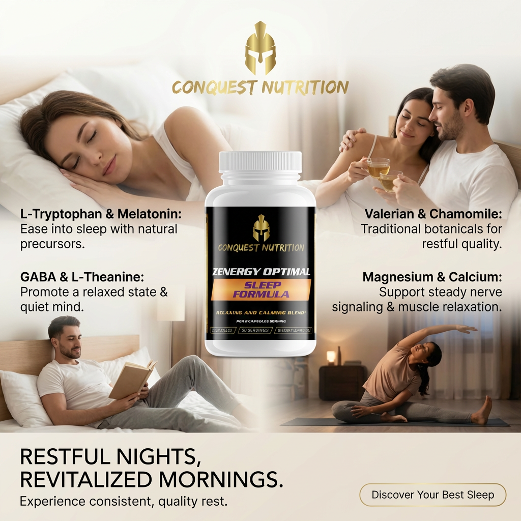 Advertisement for Conquest Nutrition Zenergy Optimal Sleep Formula with a couple in bed and a person stretching.