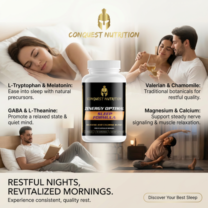 Advertisement for Conquest Nutrition Zenergy Optimal Sleep Formula with a couple in bed and a person stretching.