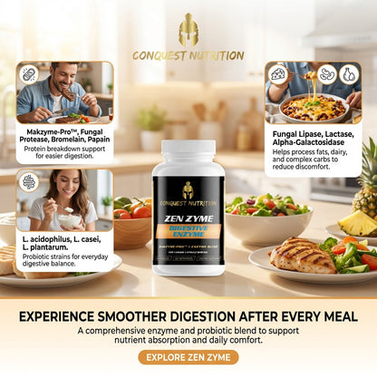 Conquest Nutrition Zen Zyme digestive enzyme supplement with people eating and a kitchen background.