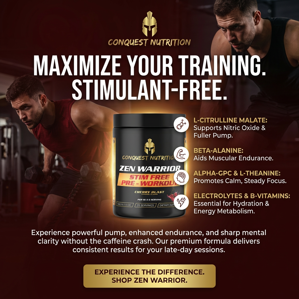 Advertisement for Conquest Nutrition Zen Warrior pre-workout supplement with text about benefits and usage.