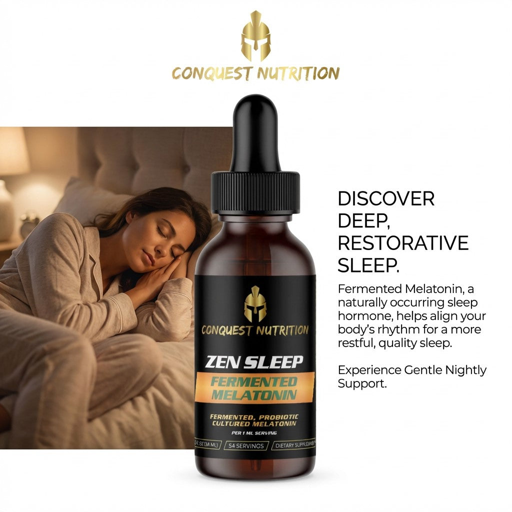 Bottle of Conquest Nutrition Zen Sleep Fermented Melatonin with a woman sleeping in the background.